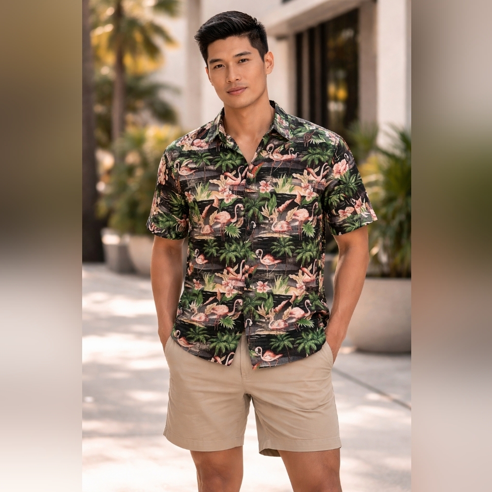 Benny's Hawaiian flamingo short sleeved shirt